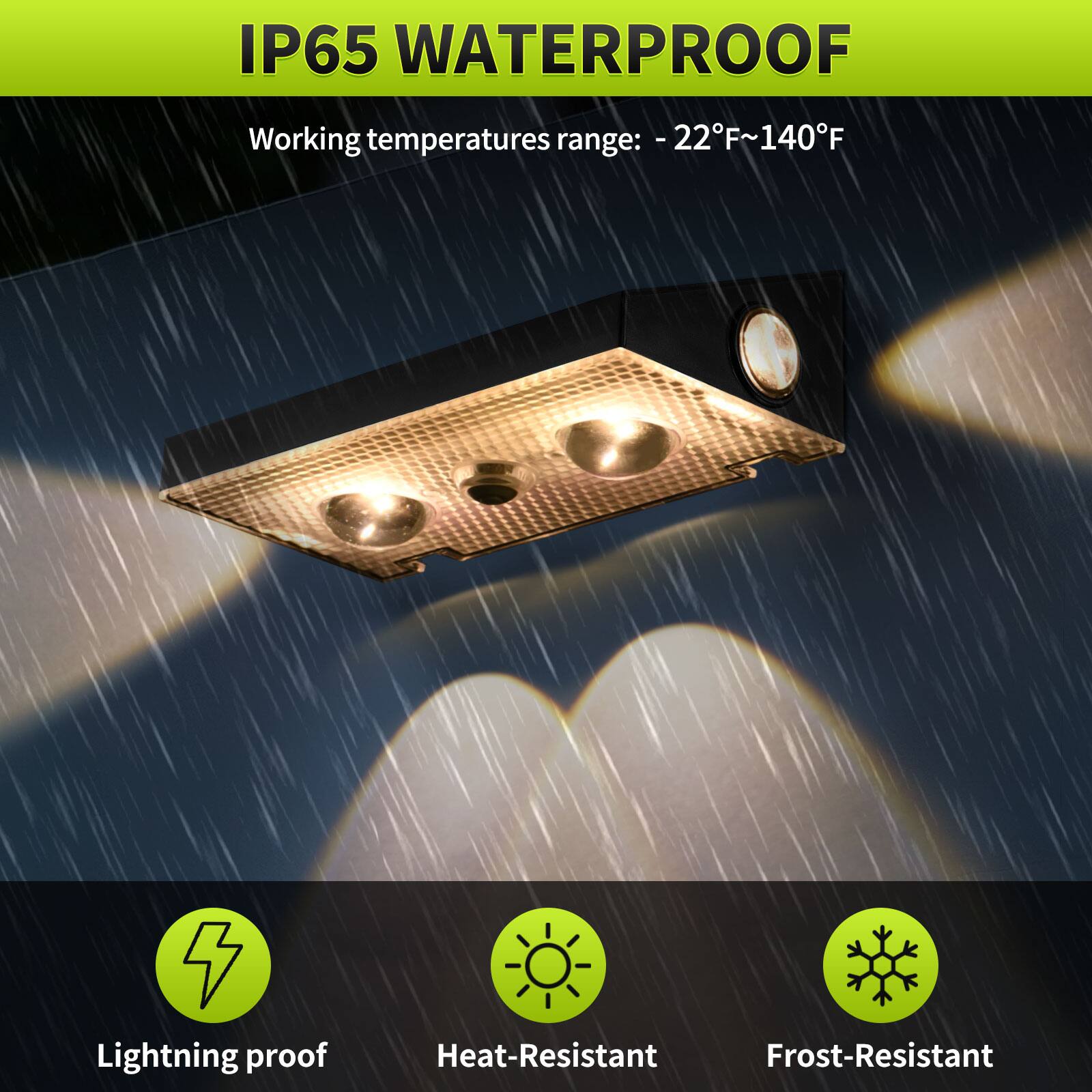 IP65 WATERPROOF  
Working temperatures range: -22°F~140°F  

- Lightning proof  
- Heat-Resistant  
- Frost-Resistant
