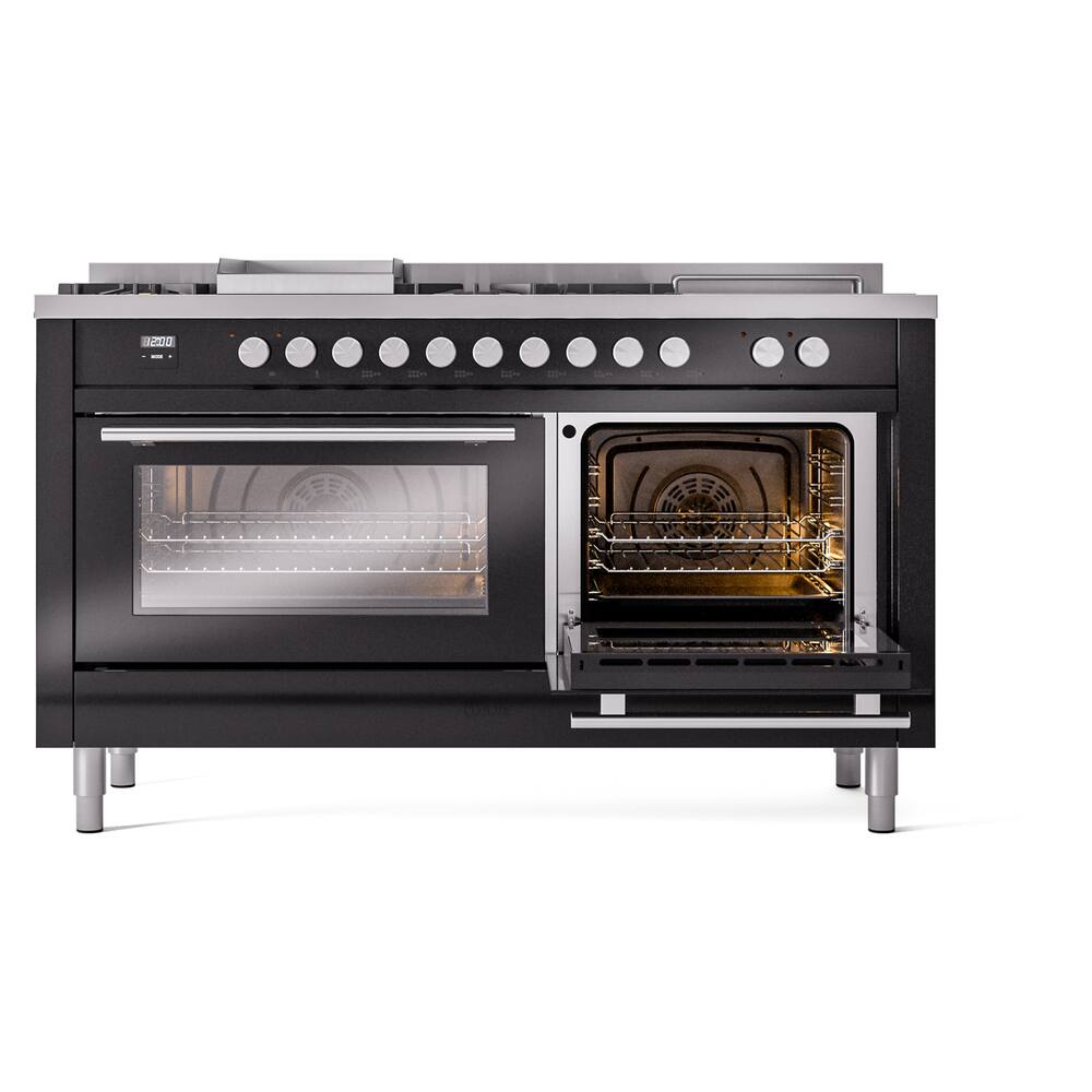 Alt View 3. ILVE - ILVE Professional Plus II Series 60 in. Dual Fuel Range with 7 Sealed Burners + Griddle (Liquid Propane, Satin Trim) - Glossy Black.