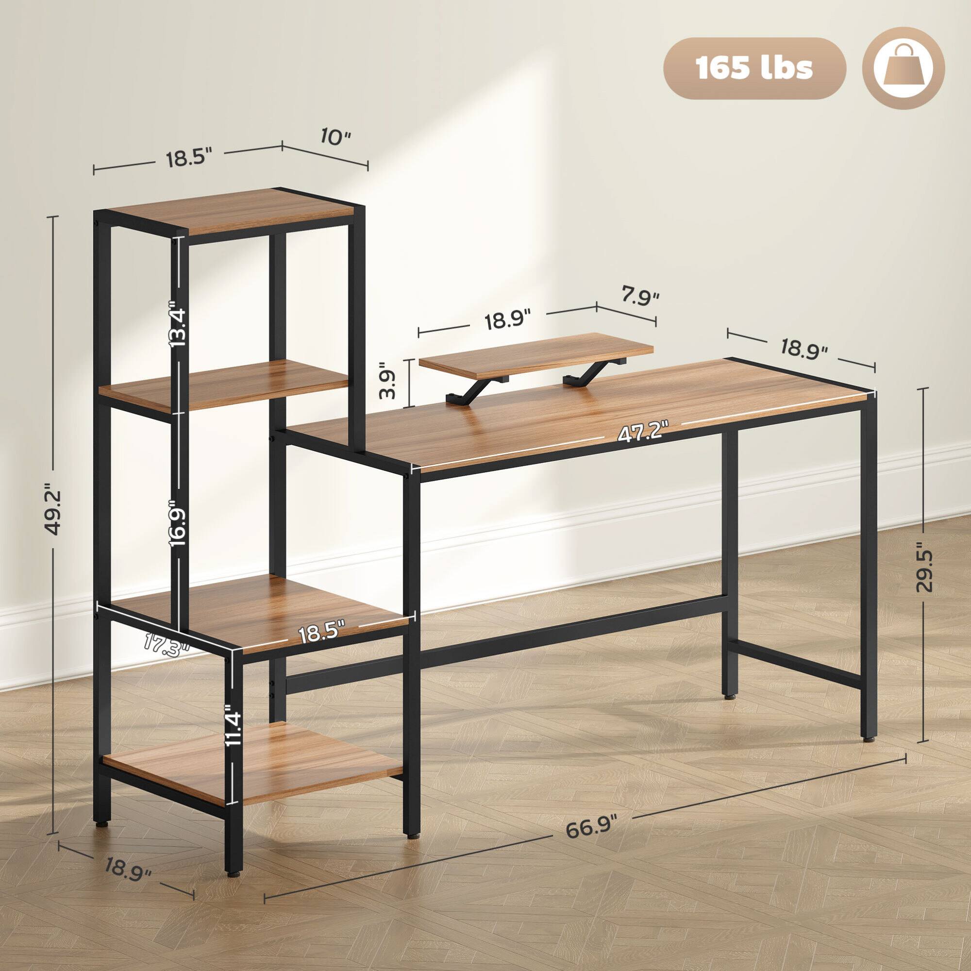 GOODSILO - Industrial Computer Desk with Reversible Shelves and Elevated Monitor Stand for Home Office Workstation - Black+Brown - Thumbnail 4