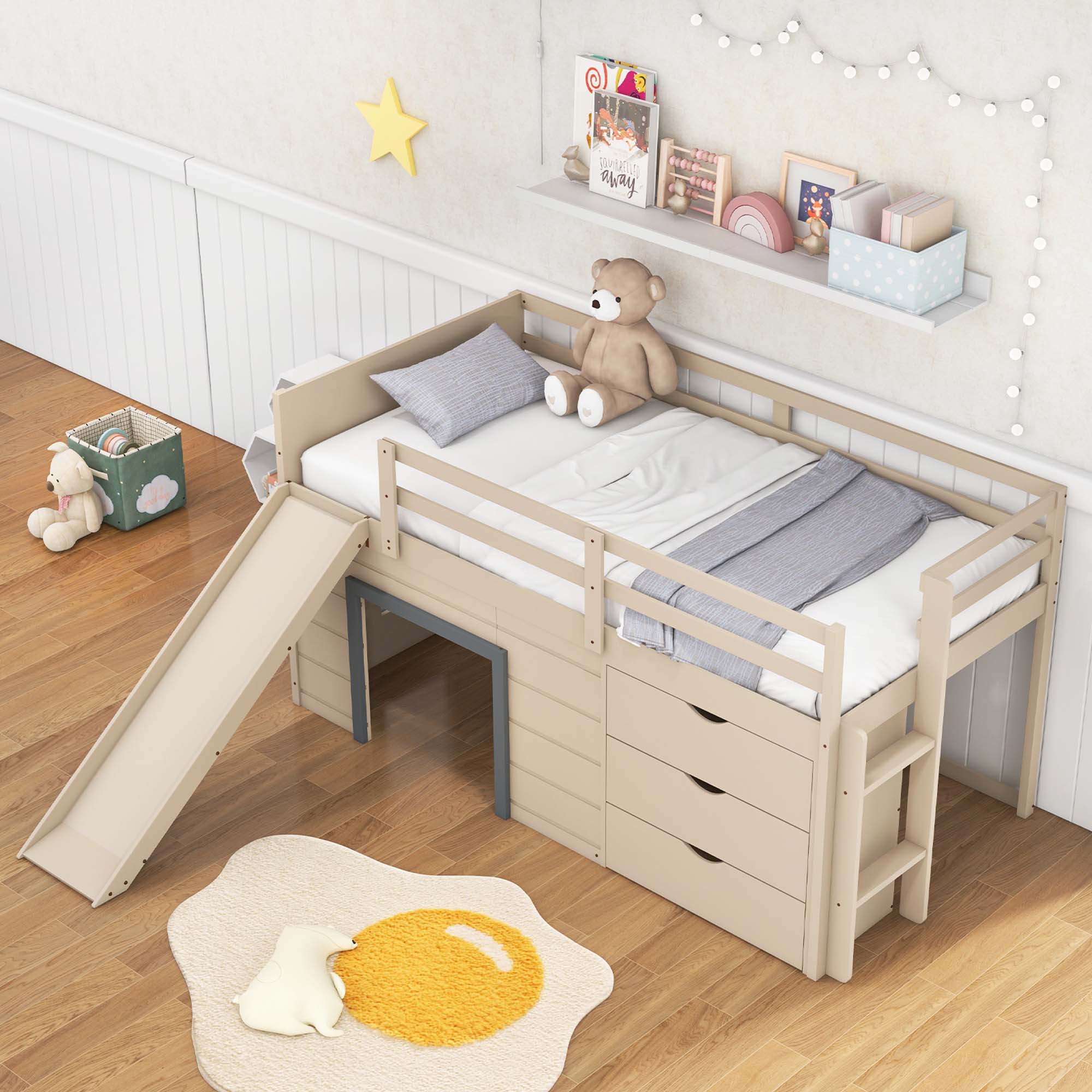 Alt View 8. Costway - Costway Twin Low Loft bed with Slide Ladder Storage Drawers Play Game Space Wooden - Beige,Gray.