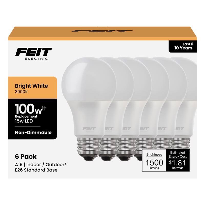 FEIT Electric  
Lasts 10 Years  
Bright White 3000K  
100w Replacement 15w LED  
Non-Dimmable  
6 Pack  
A19 Indoor / Outdoor*  
E26 Standard Base  
Estimated Brightness: 1500 lumens  
Estimated Energy Cost: $1.81 per year