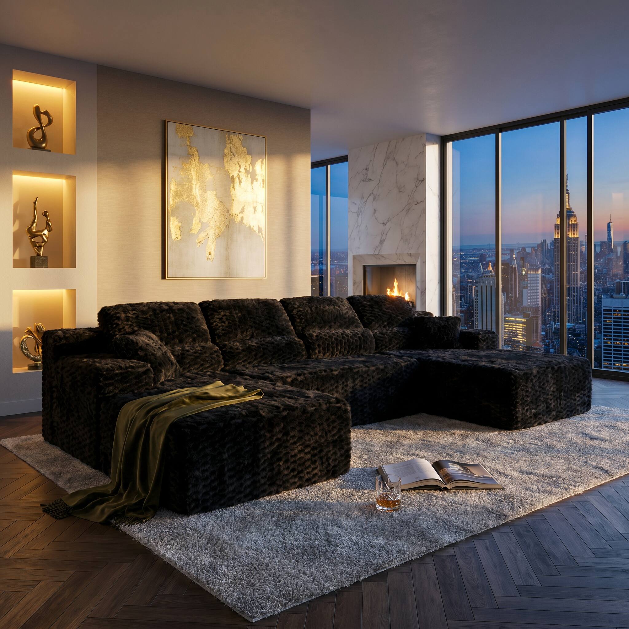 Alt View 1. Famapy - 135" Width Compressed Sectional Sofa No Assembly High-Density Foam, Pet-Friendly 3-Color Choice for Living Room - Black.