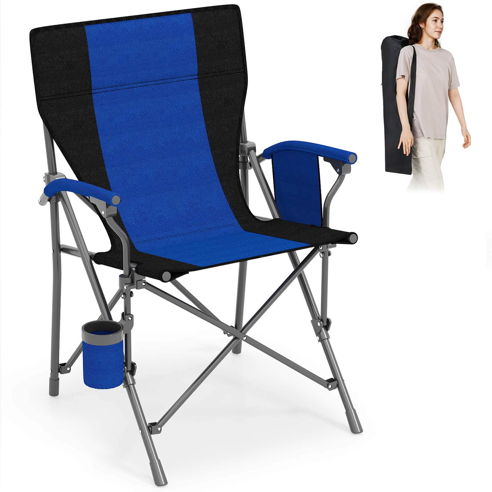 Costway - 1 PCS Folding Camping Chair for Adults Portable Lawn Chair with Cup Holder & Side Pocket - Navy