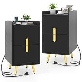 Gymax - 2PCS Nightstand w/ Charging Station Home Bedside Sofa Side Tables w/ 2 Drawers - Black