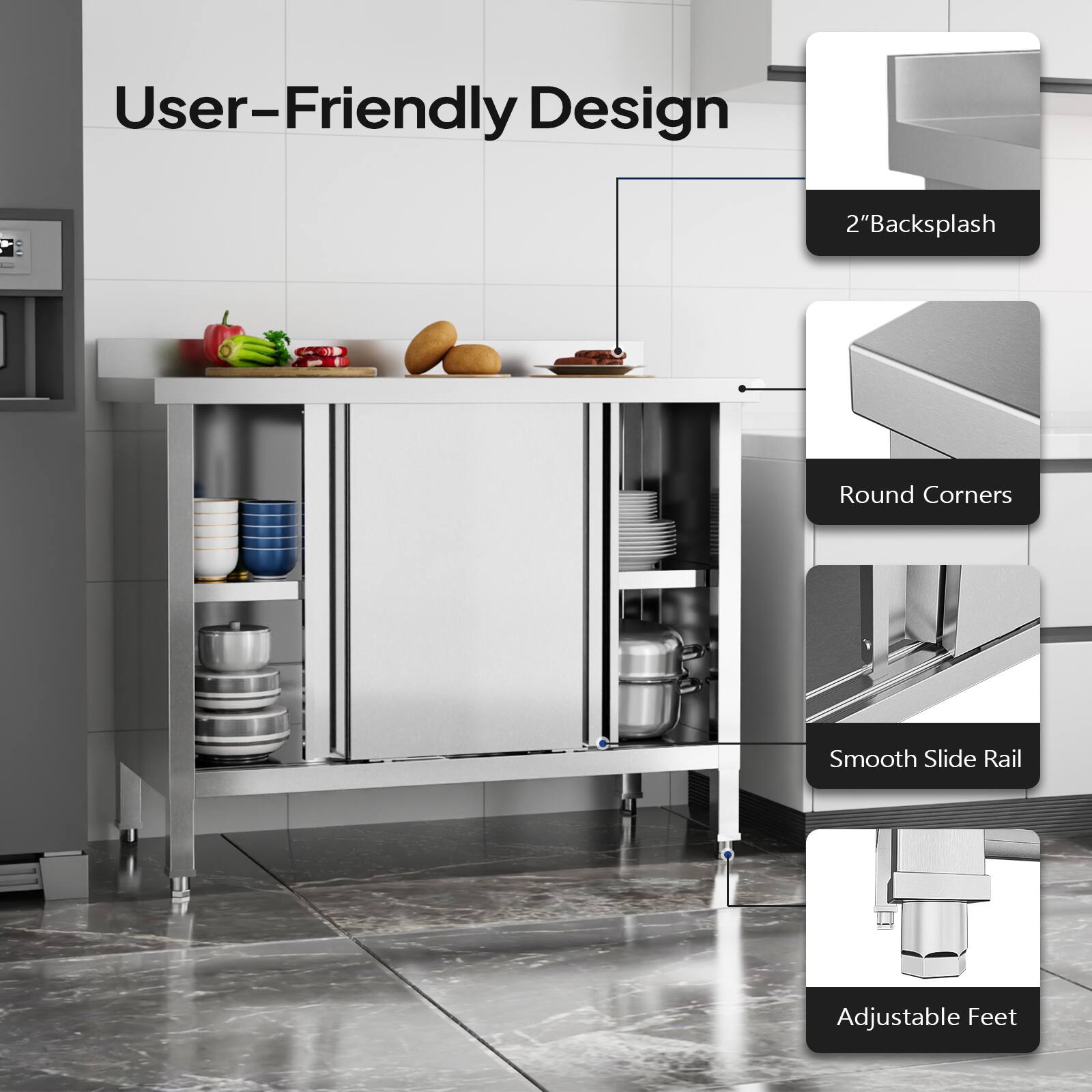 User-Friendly Design

- 2" Backsplash
- Round Corners
- Smooth Slide Rail
- Adjustable Feet