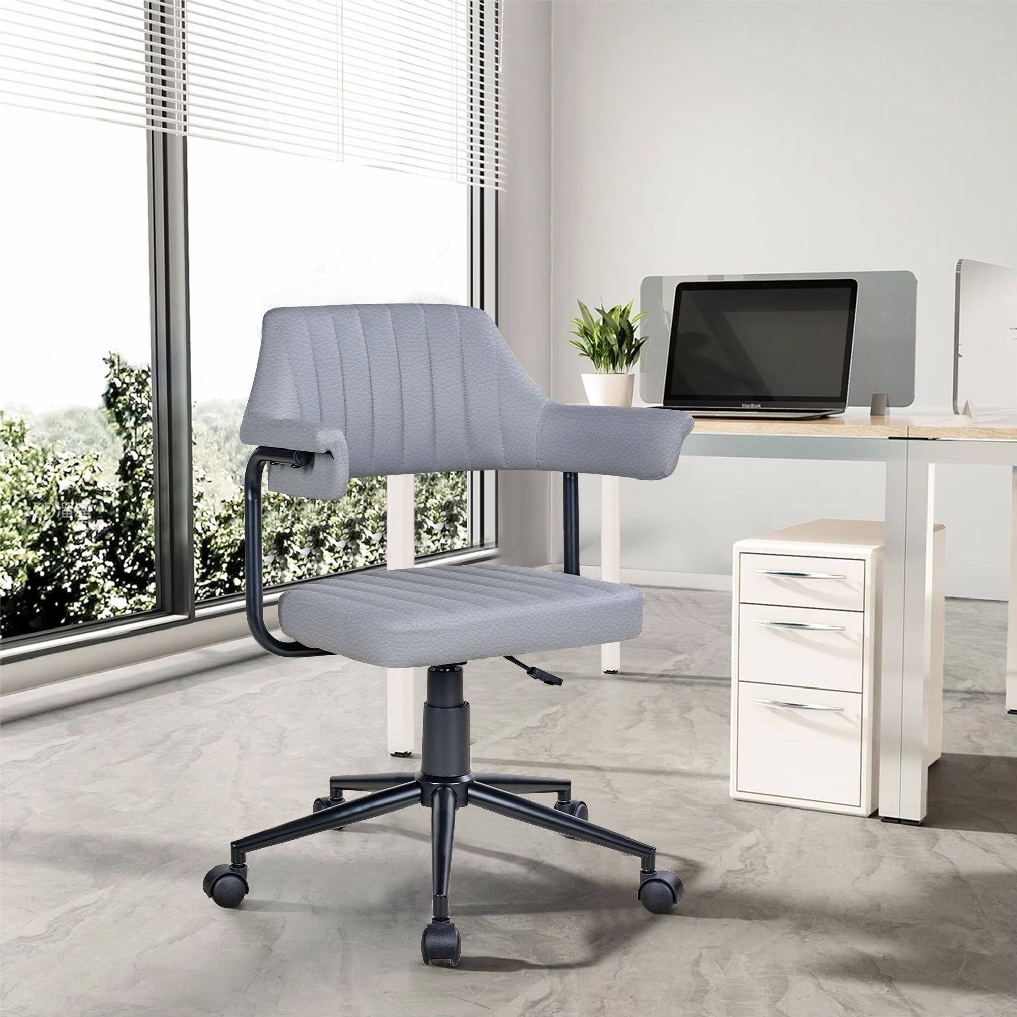Angle. Vecelo - PU Leather Vanity Chair with Adjustable Height - 360° Swivel Office Chair, High-Density Foam Desk Chair with Backrest - Grey.