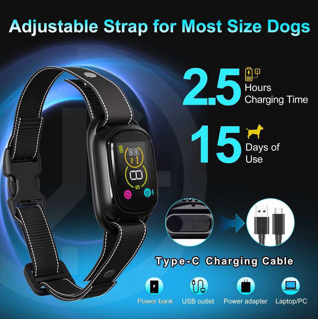 Adjustable Strap for Most Size Dogs  
2.5 Hours Charging Time  
15 Days of Use  
Type-C Charging Cable  
Power bank  
USB outlet  
Power adapter  
Laptop/PC