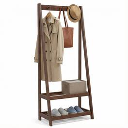 Gymax - Rubber Wood Garment Rack w/3 Hooks & 2 Shelves for Entryway Bedroom and Wardrobe - Walnut