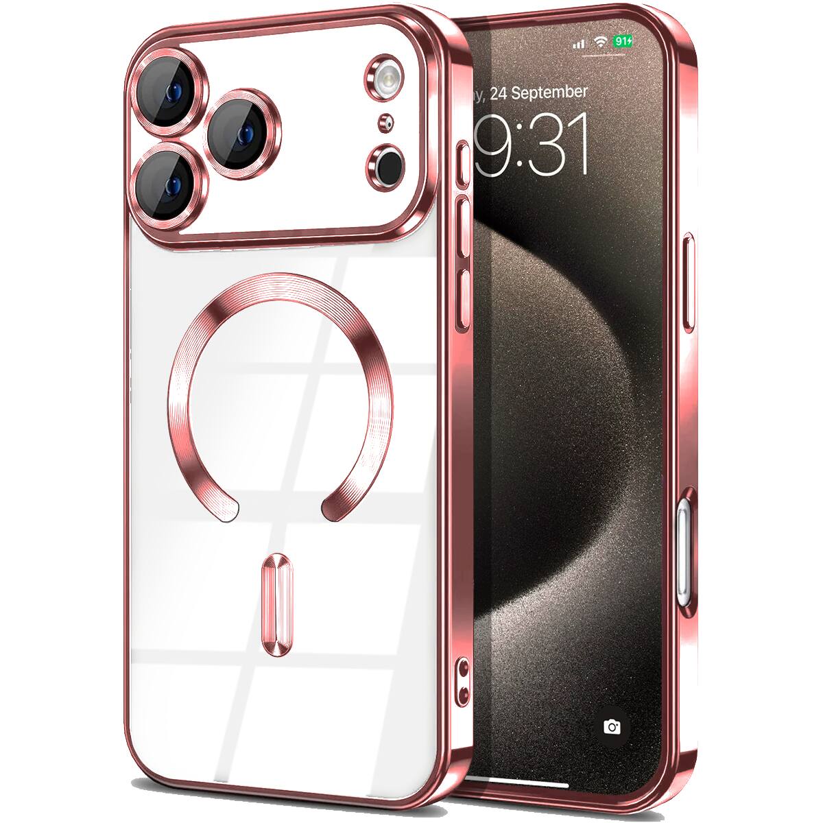 Entronix - Luxury Glossy Magnetic Case for iPhone 17 Pro - Clear Back Design - Pink