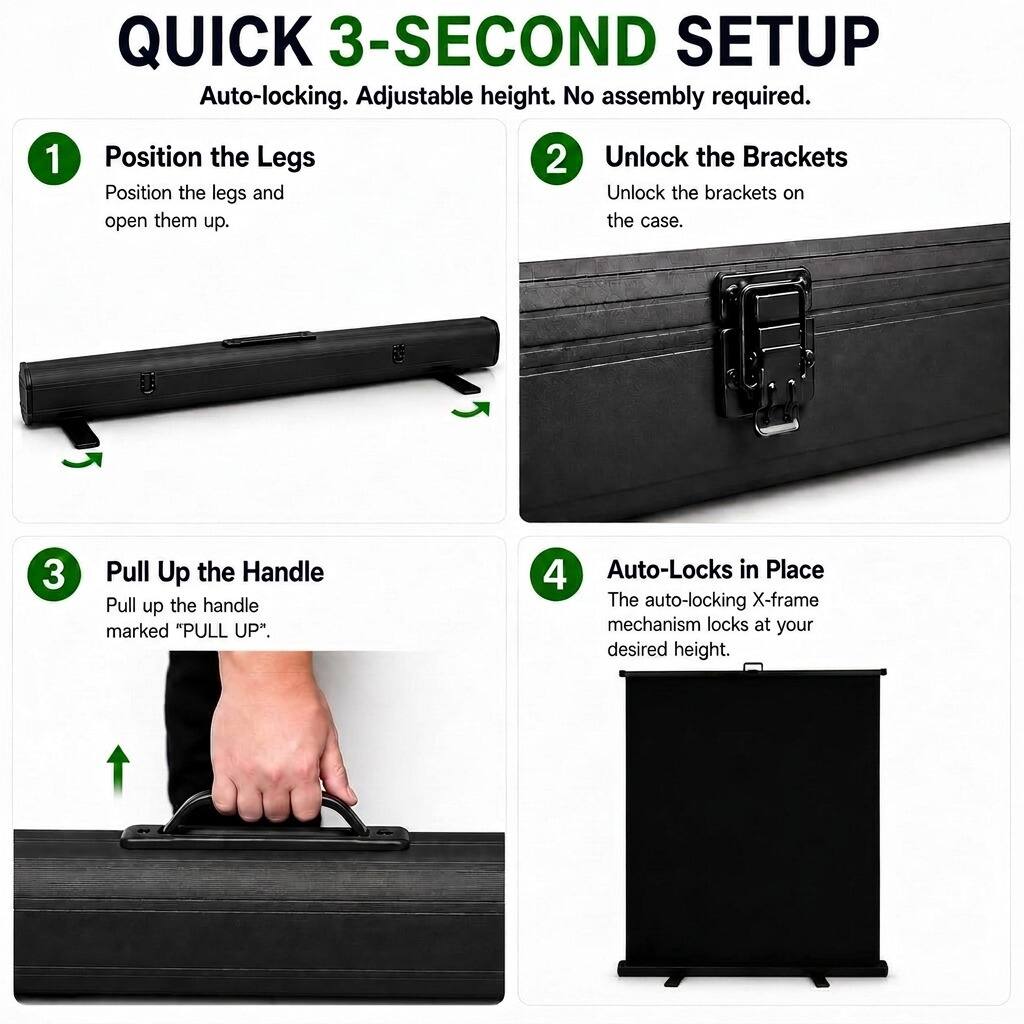 QUICK 3-SECOND SETUP  
Auto-locking. Adjustable height. No assembly required.

1. Position the Legs  
   Position the legs and open them up.

2. Unlock the Brackets  
   Unlock the brackets on the case.

3. Pull Up the Handle  
   Pull up the handle marked "PULL UP".

4. Auto-Locks in Place  
   The auto-locking X-frame mechanism locks at your desired height.