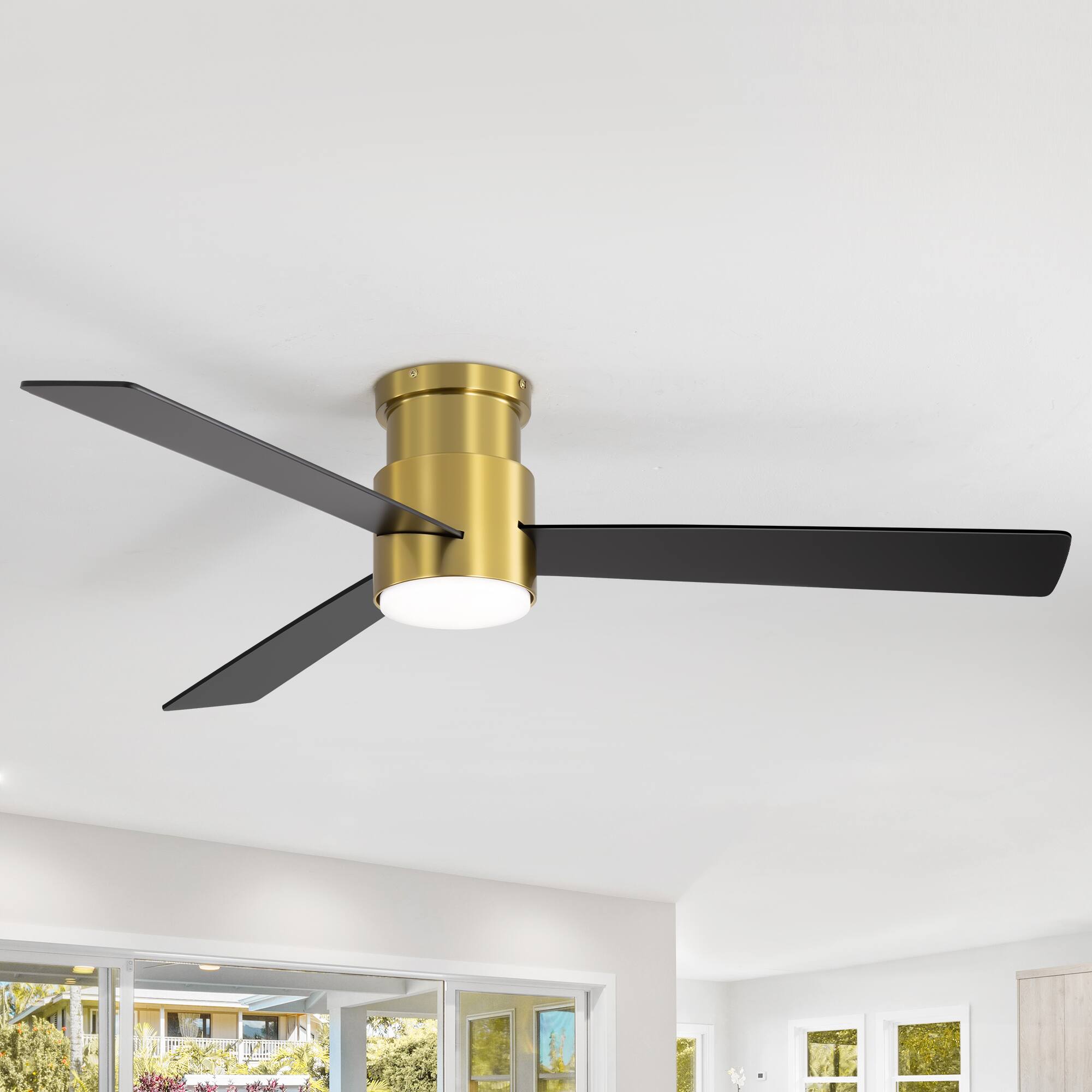 Back. Breezary - 52'' Flush Mount Ceiling Fan with 3 Plywood Blades, 3-Color Light, 6-Speed DC Motor, Remote with Timer & Memory - Golden and Matte Black.