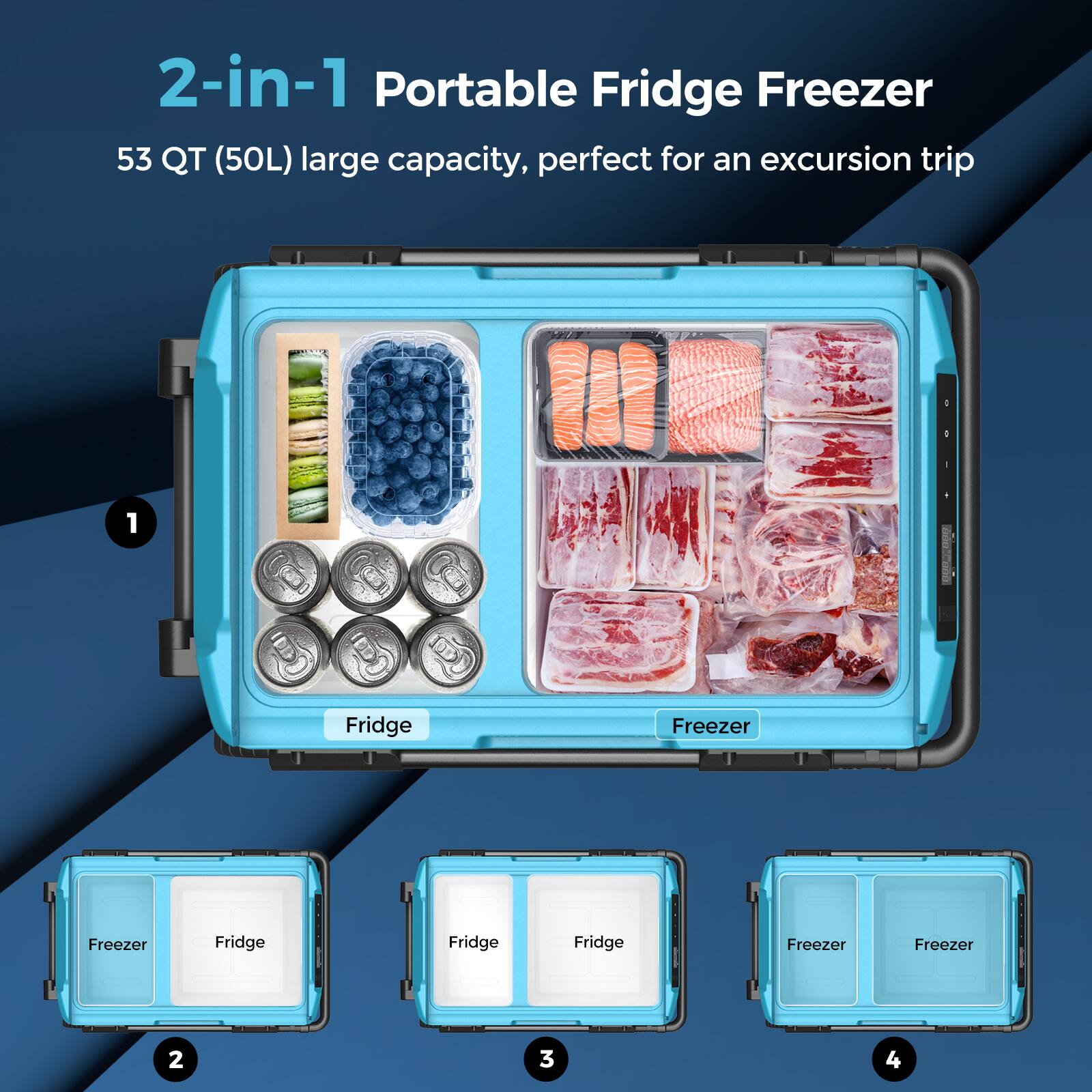 2-in-1 Portable Fridge Freezer 53 QT (50L) large capacity, perfect for an excursion trip.