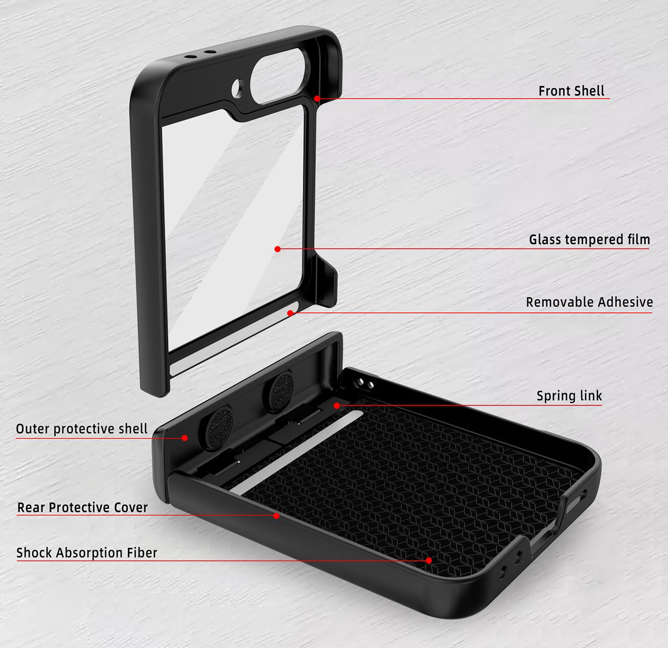 Front Shell  
Glass tempered film  
Removable Adhesive  
Spring link  
Outer protective shell  
Rear Protective Cover  
Shock Absorption Fiber