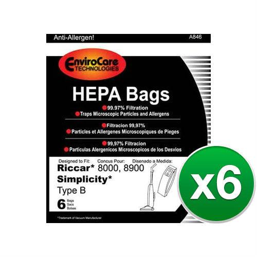 Anti-Allergen!  
EnviroCare TECHNOLOGIES  
HEPA Bags  
99.97% Filtration  
Traps Microscopic Particles and Allergens  
Filtracion 99,97% Particulas et Allergenes Microscopiques de Pieges  
Particulas Alergenicos Microscopicos de los Desvios  

Designed to Fit:  
Concus Pour:  
Disenado a Medida:  
Riccar* 8000, 8900  
Simplicity* x6  
Type B Bags  

6 Boisas Sacs  

x6