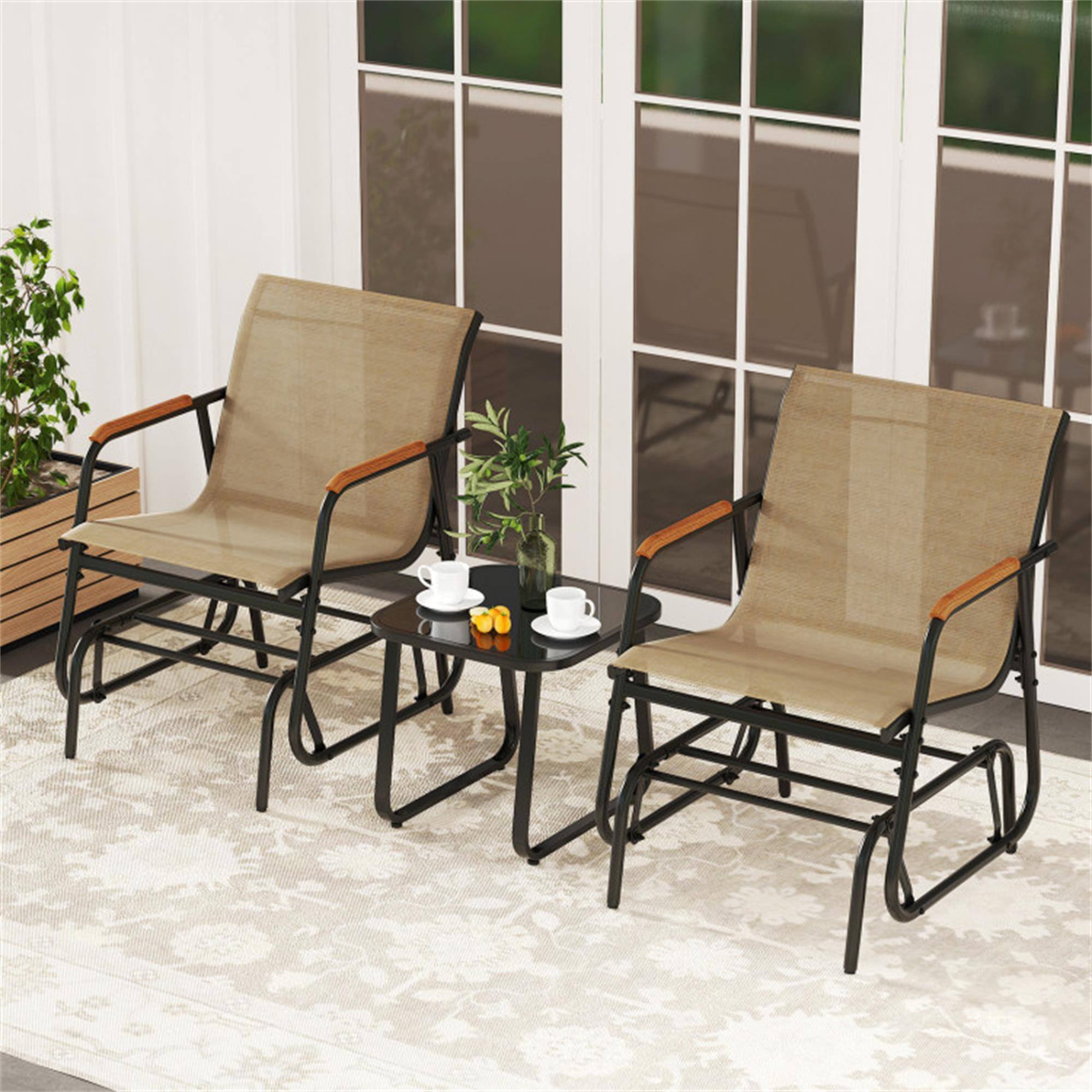 Alt View 2. Boyel Living - Coffee 3-Piece Outdoor Glider Bistro Set with Tempered Glass Top and Metal Frame-Coffee 290-in W x 330-in D x 240-in H - Coffee.