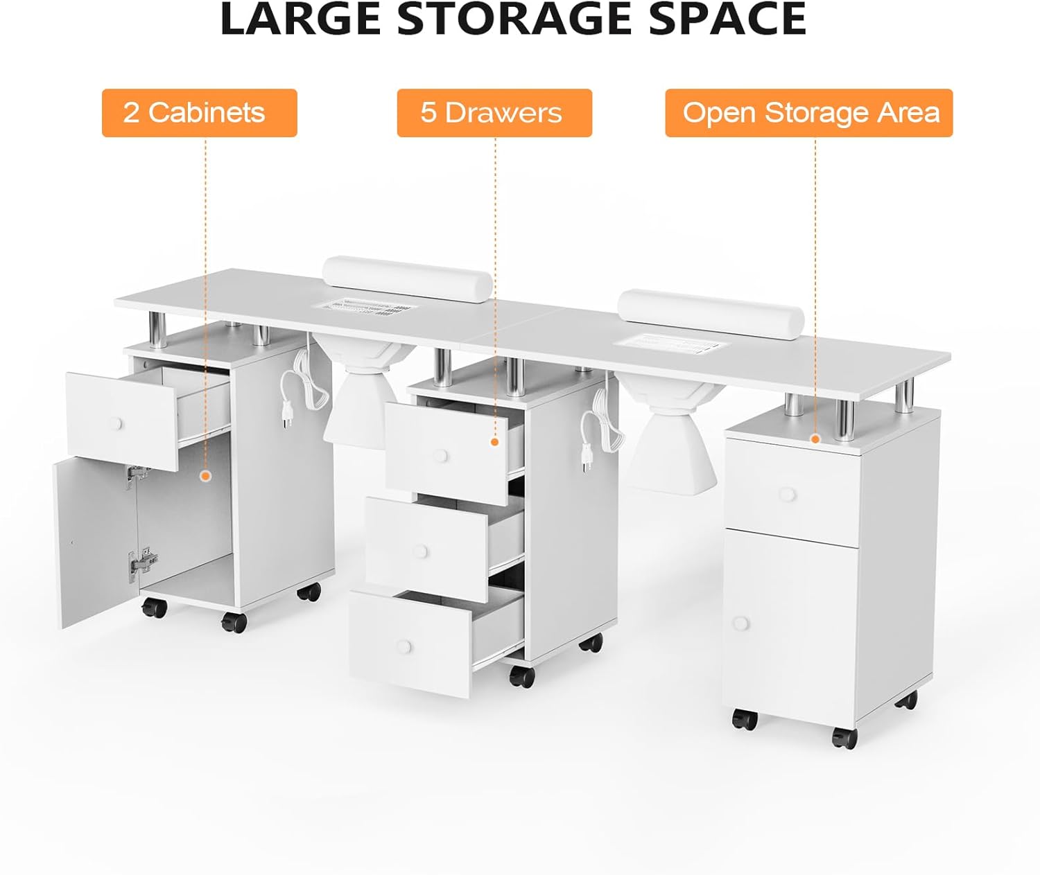 LARGE STORAGE SPACE  
2 Cabinets  
5 Drawers  
Open Storage Area