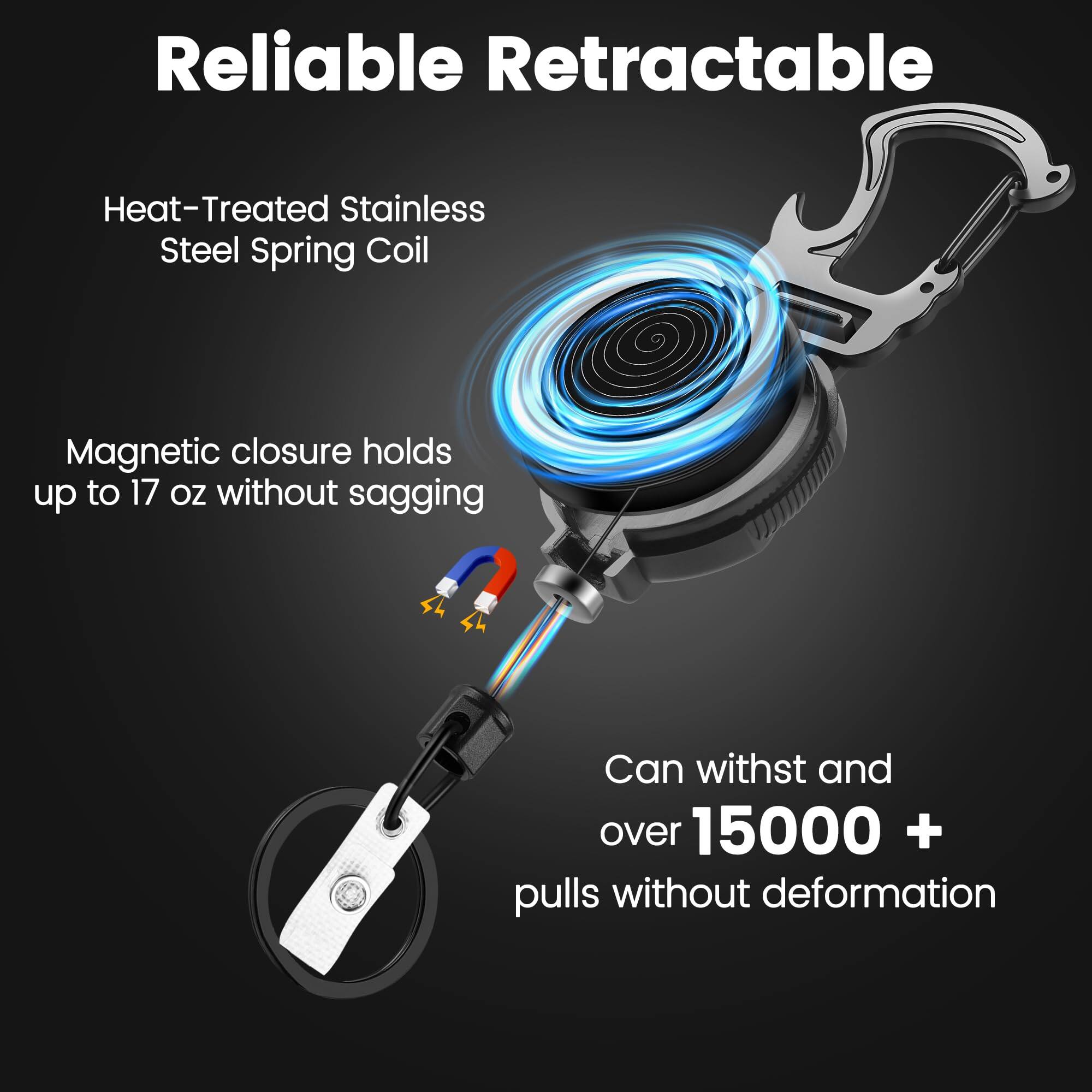 Reliable Retractable

Heat-Treated Stainless Steel Spring Coil

Magnetic closure holds up to 17 oz without sagging

Can withstand and over 15000 + pulls without deformation