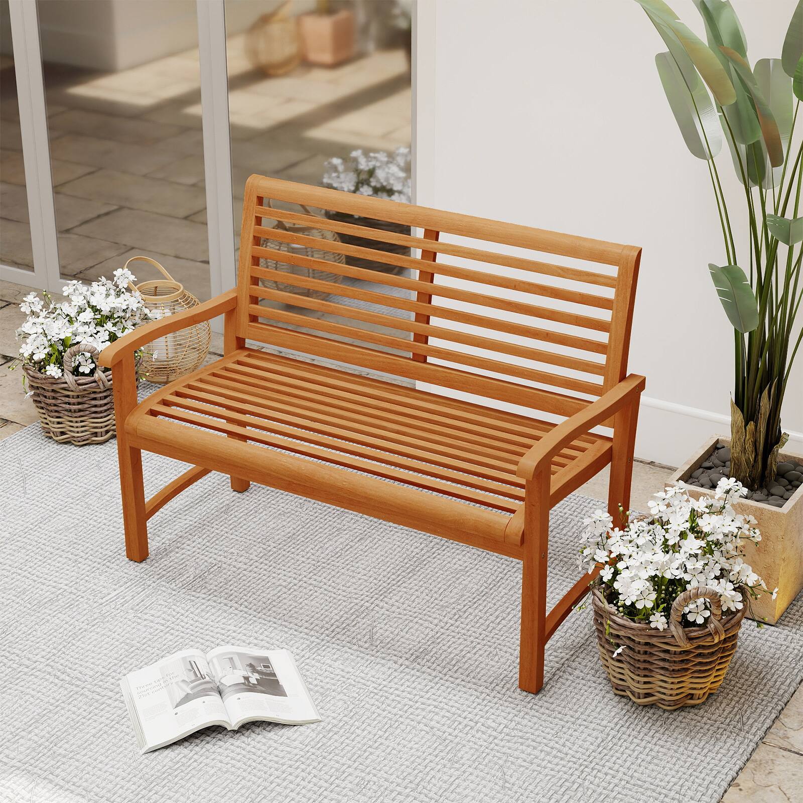Alt View 3. Gymax - Gymax Teak Wood Outdoor Garden Bench w/800 lbs Capacity Slatted Backrest Seat Armrests - Yellow.
