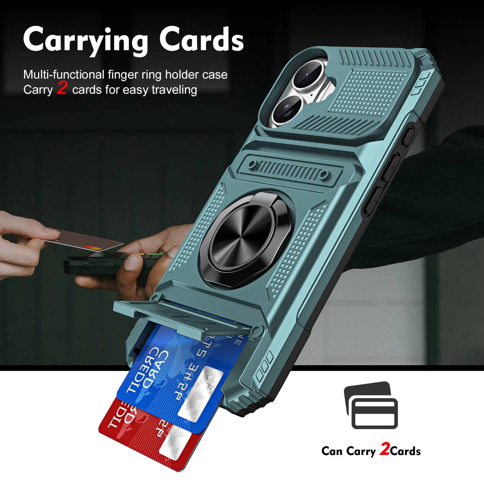 Carrying Cards

Multi-functional finger ring holder case
Carry 2 cards for easy traveling

Can Carry 2 Cards