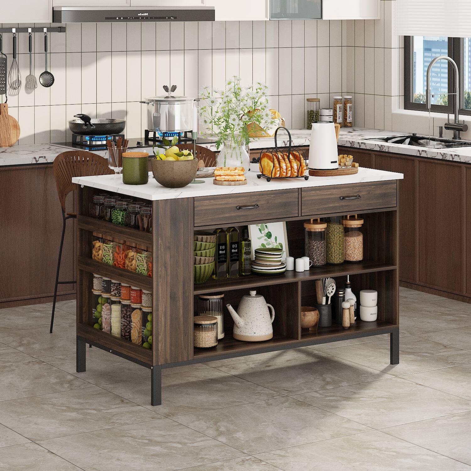 Famapy - Kitchen Island Storage Cabinet: Smart Organization for Modern Kitchens - Brown & White
