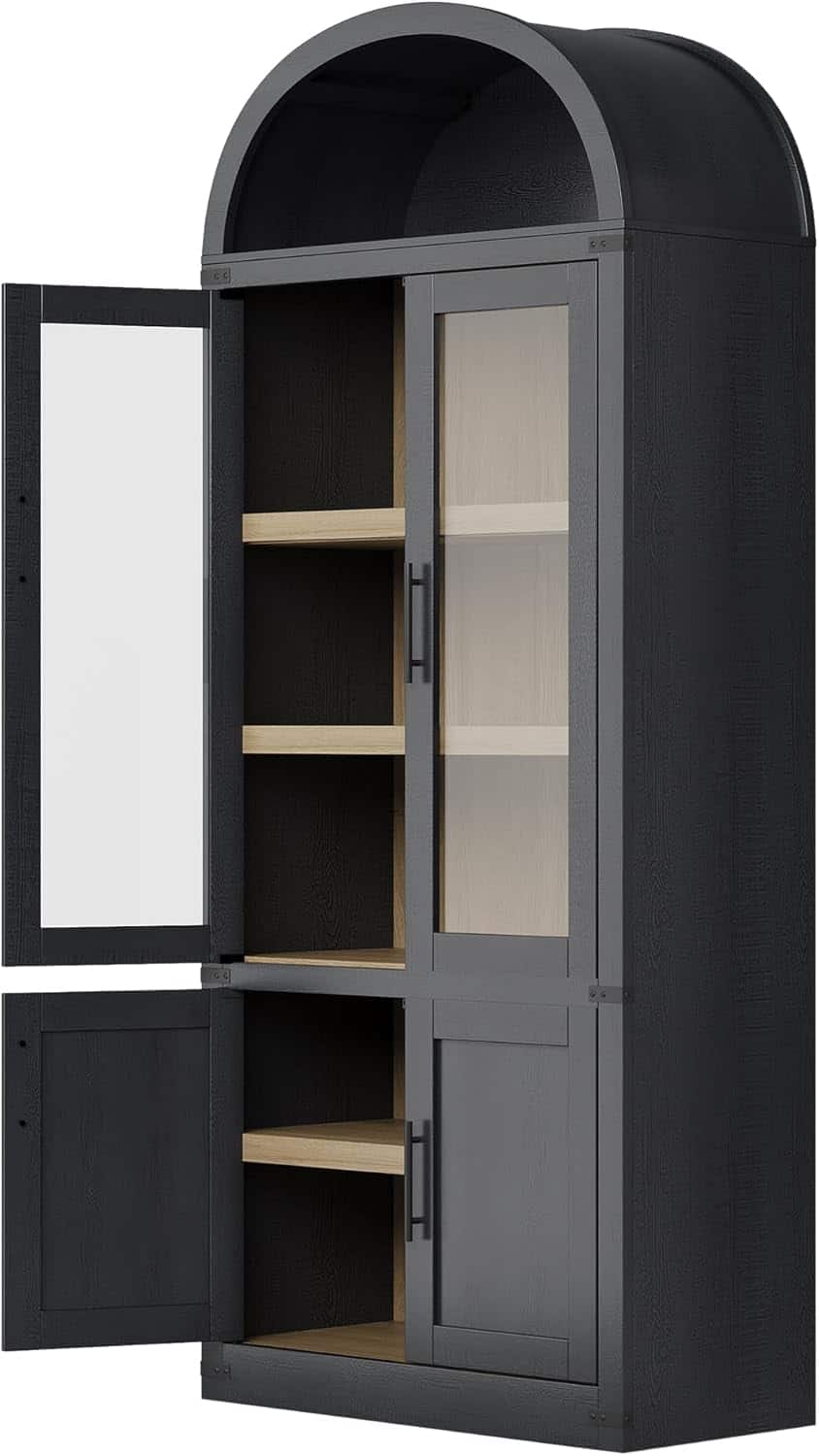 Homhougo - Arched Storage Bookcase, 6-Tier Modern Wooden Shelving with Doors for Living Room - Black