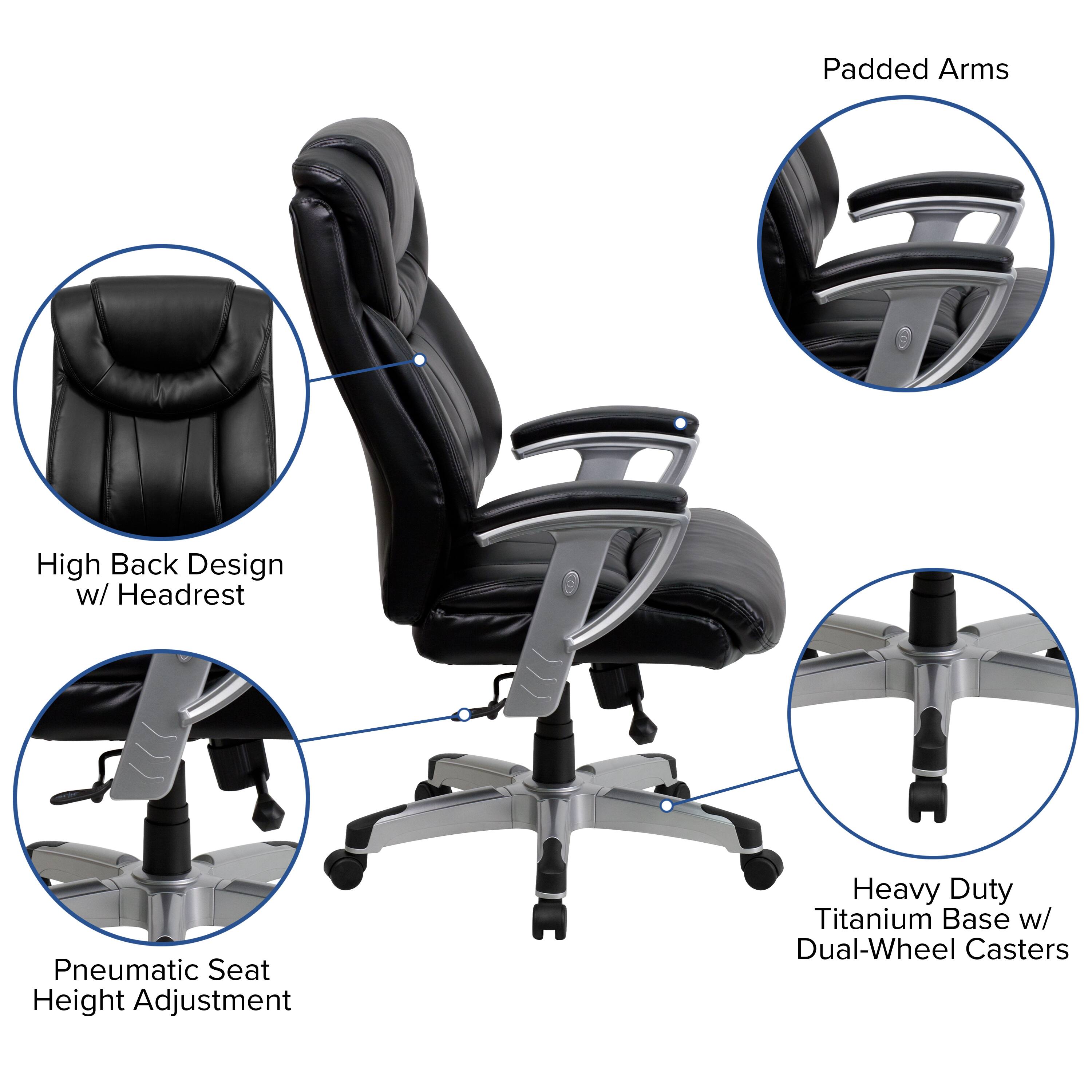 Padded Arms  
High Back Design w/ Headrest  
Pneumatic Seat Height Adjustment  
Heavy Duty Titanium Base w/ Dual-Wheel Casters