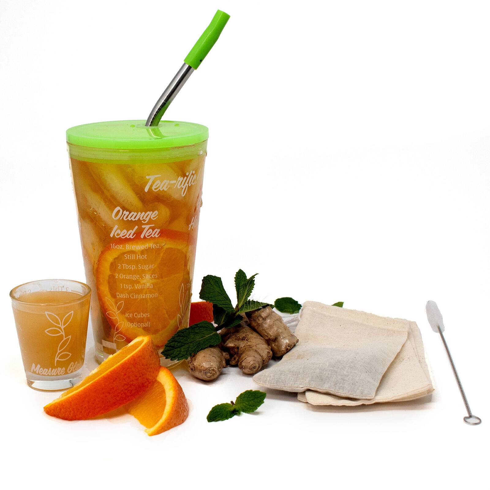 Tea-rific Orange Iced Tea  
16oz. Brewed Tea. Still Hot  
2 Tbsp. Sugar  
2 Orange Slices  
1 tsp. Vanilla  
Dash Cinnamon  
Ice Cubes (Optional)  
Measure Glass