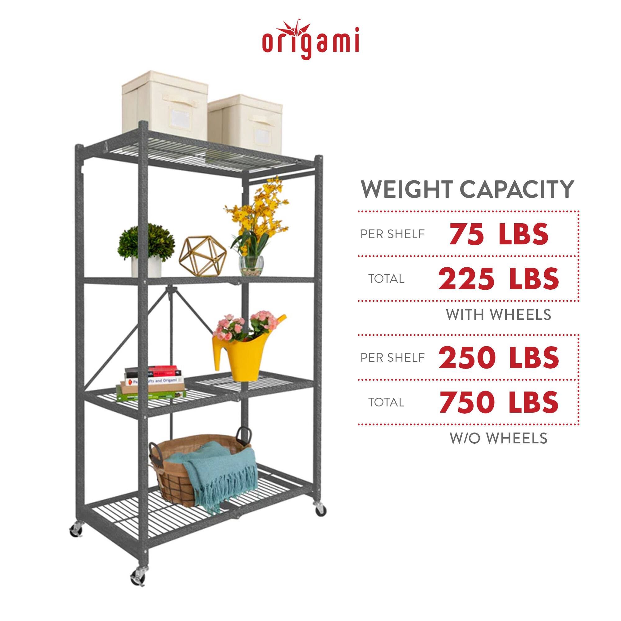 **Weight Capacity**

- **Per Shelf:** 75 LBS
- **Total:** 225 LBS

**With Wheels**

- **Per Shelf:** 250 LBS
- **Total:** 750 LBS

**Without Wheels**