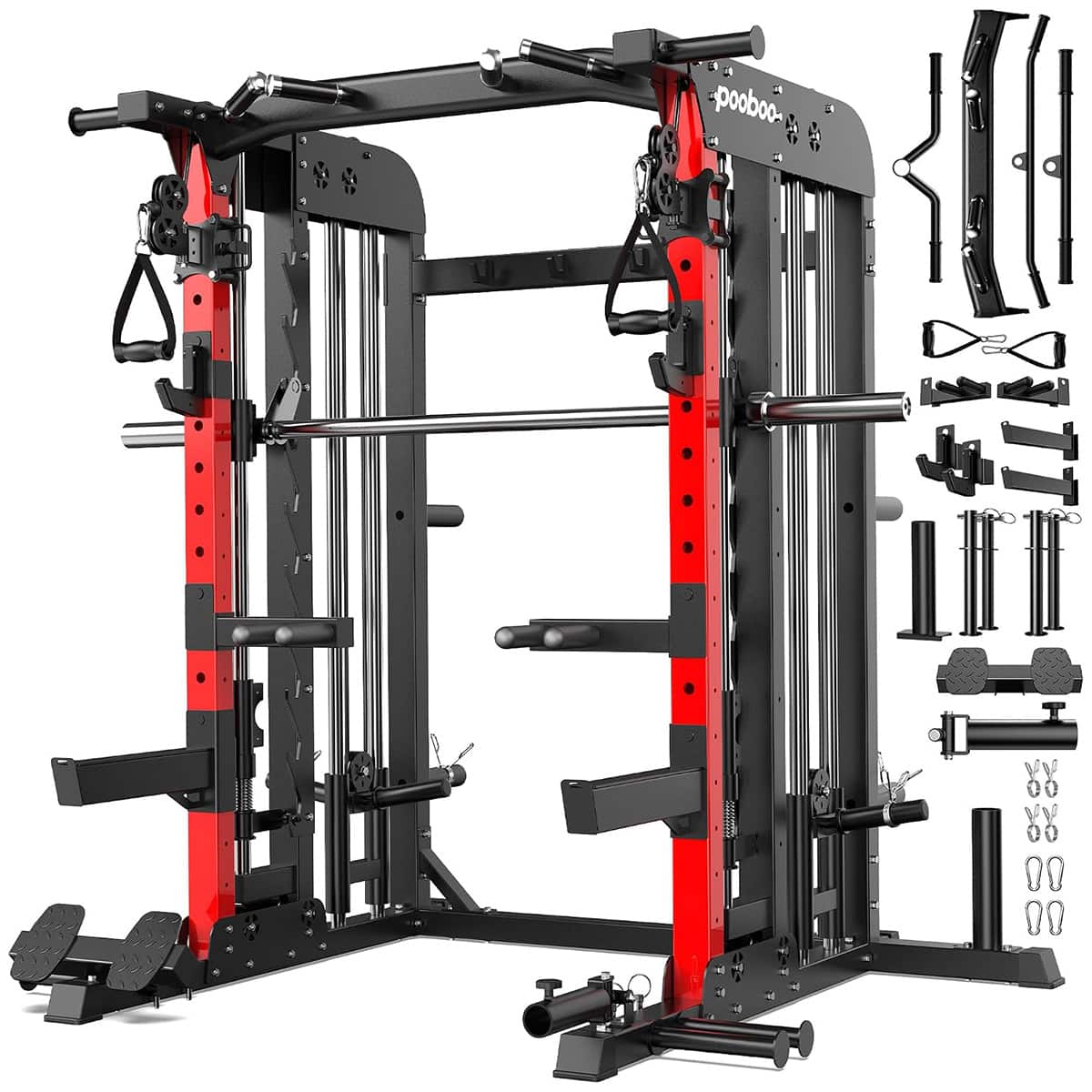 Pooboo - Smith Machine Squat Rack Power Cage with Dual Cable Crossover System&Lat Pulldown Station,2000lb Capacity - Black