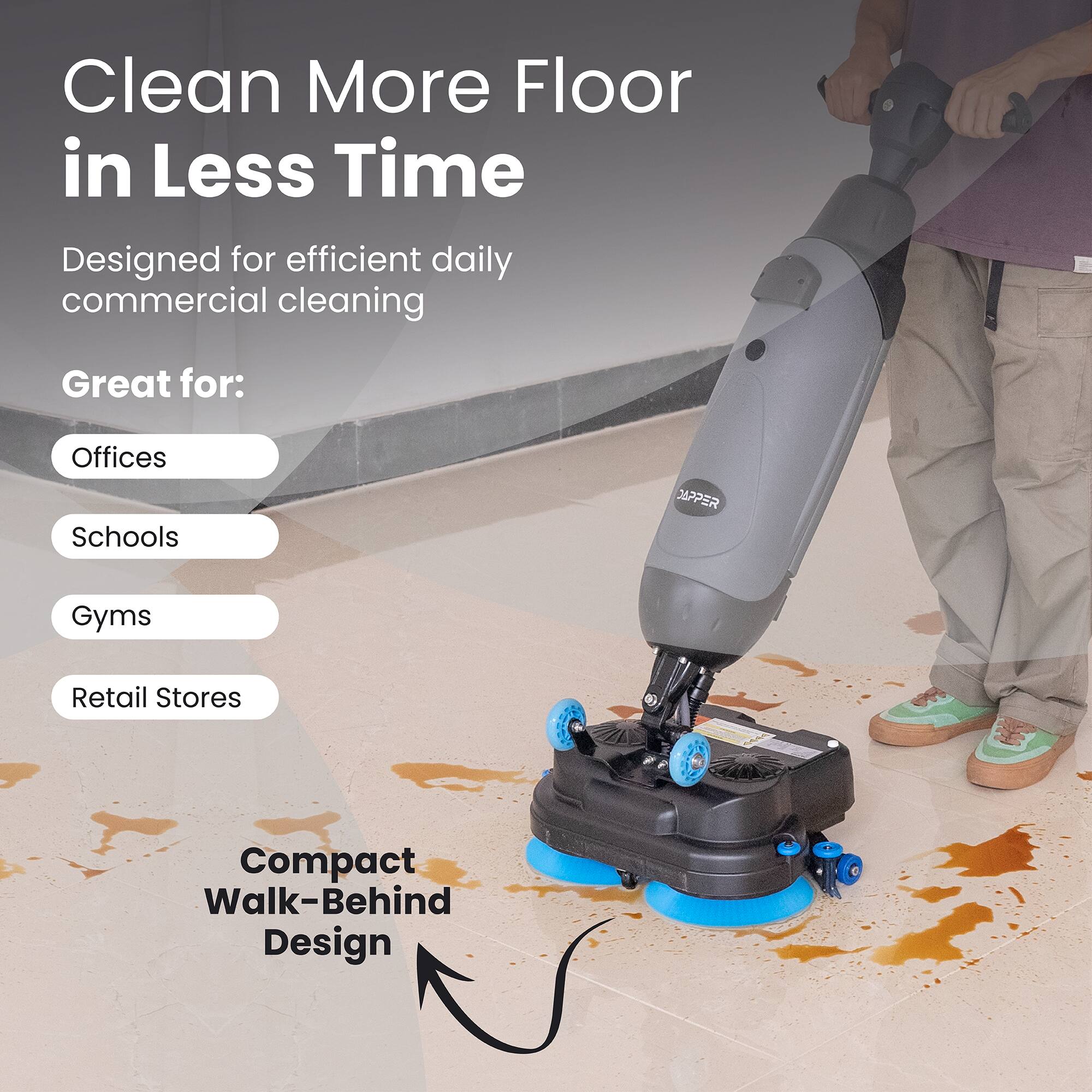 Clean More Floor in Less Time  
Designed for efficient daily commercial cleaning  

Great for:  
- Offices  
- Schools  
- Gyms  
- Retail Stores  

Compact Walk-Behind Design