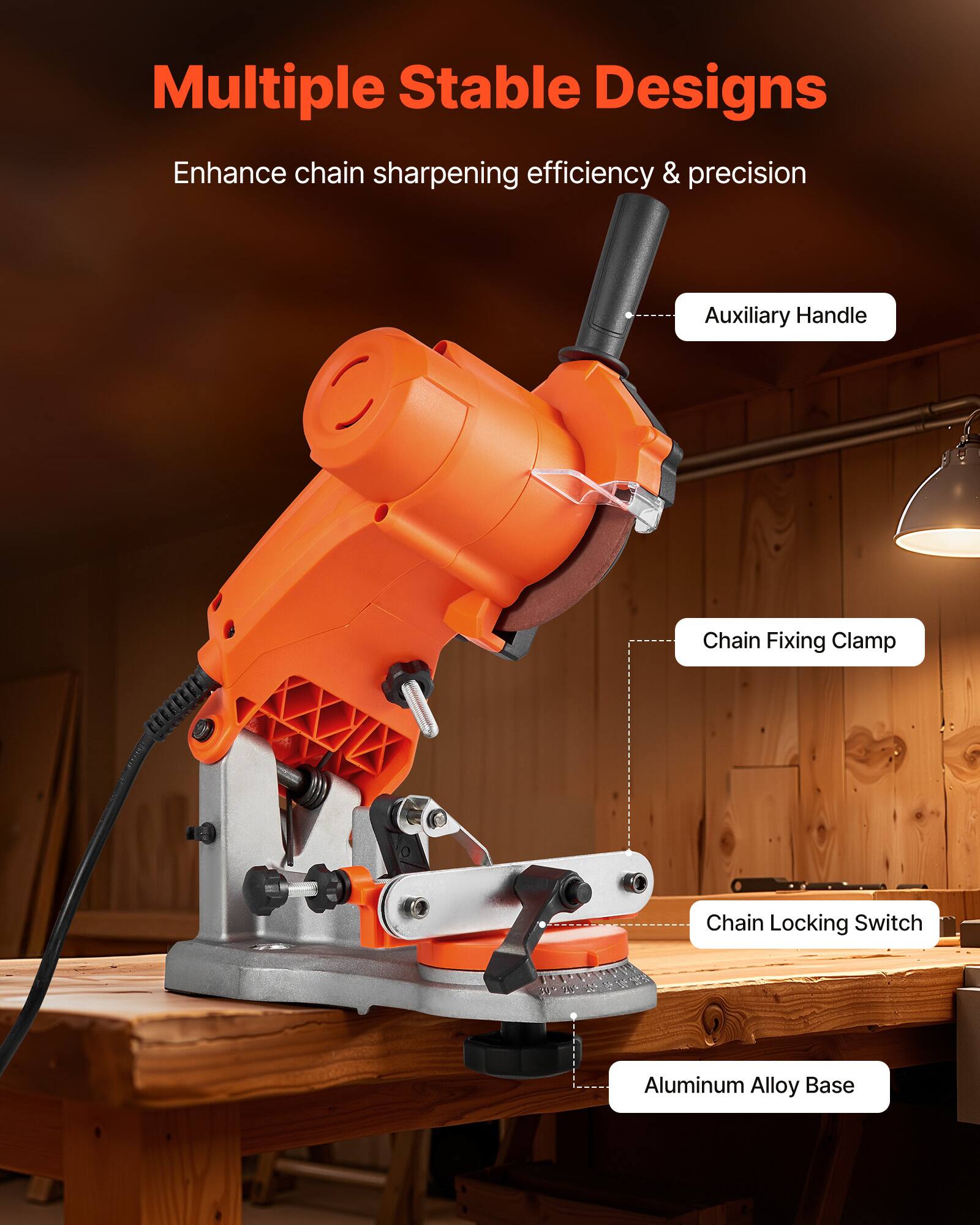 Multiple Stable Designs  
Enhance chain sharpening efficiency & precision  

- Auxiliary Handle  
- Chain Fixing Clamp  
- Chain Locking Switch  
- Aluminum Alloy Base