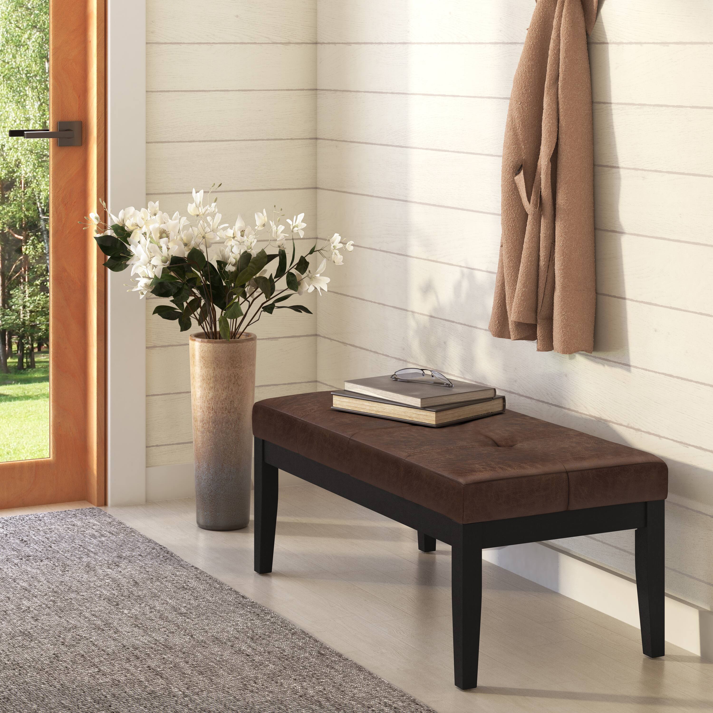 Left. Simpli Home - Lacey Tufted Ottoman Bench - Distressed Chestnut Brown.