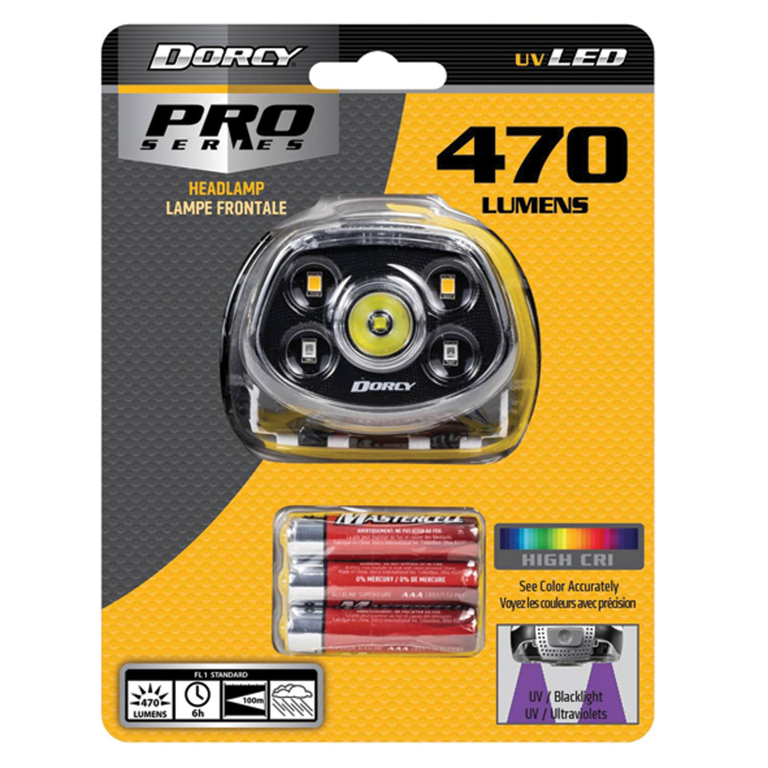DORCY PRO SERIES HEADLAMP LAMPE FRONTALE UV LED 470 LUMENS  
DORCY MTASTERCEOL  
- 0% MEST A MERCURE  
AAA HIGH CRI  
See Color Accurately  
Voyez les couleurs avec précision  
FL1 STANDARD  
470 LUMENS  
6h  
100m  
UV / Blacklight UV / Ultraviolets