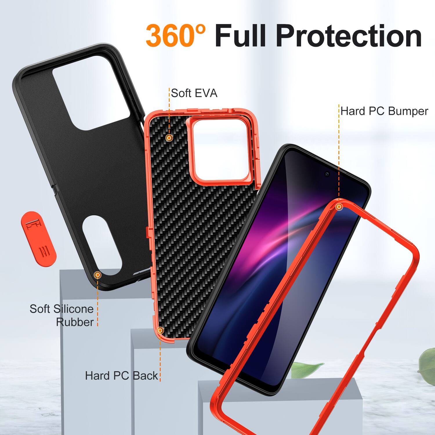 360° Full Protection

- Soft EVA
- Hard PC Bumper
- Soft Silicone Rubber
- Hard PC Back