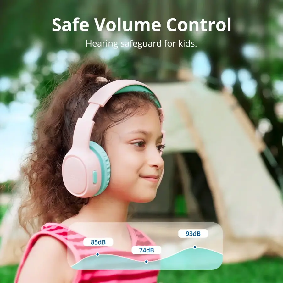 Safe Volume Control: Hearing safeguard for kids. 85dB, 74dB, 93dB.