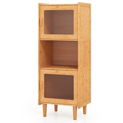 Front. Pefilos - 3-Cube Bamboo Storage Cabinet, Cabinet with Open Compartment and 2 Acrylic Doors, Natural - Beige.