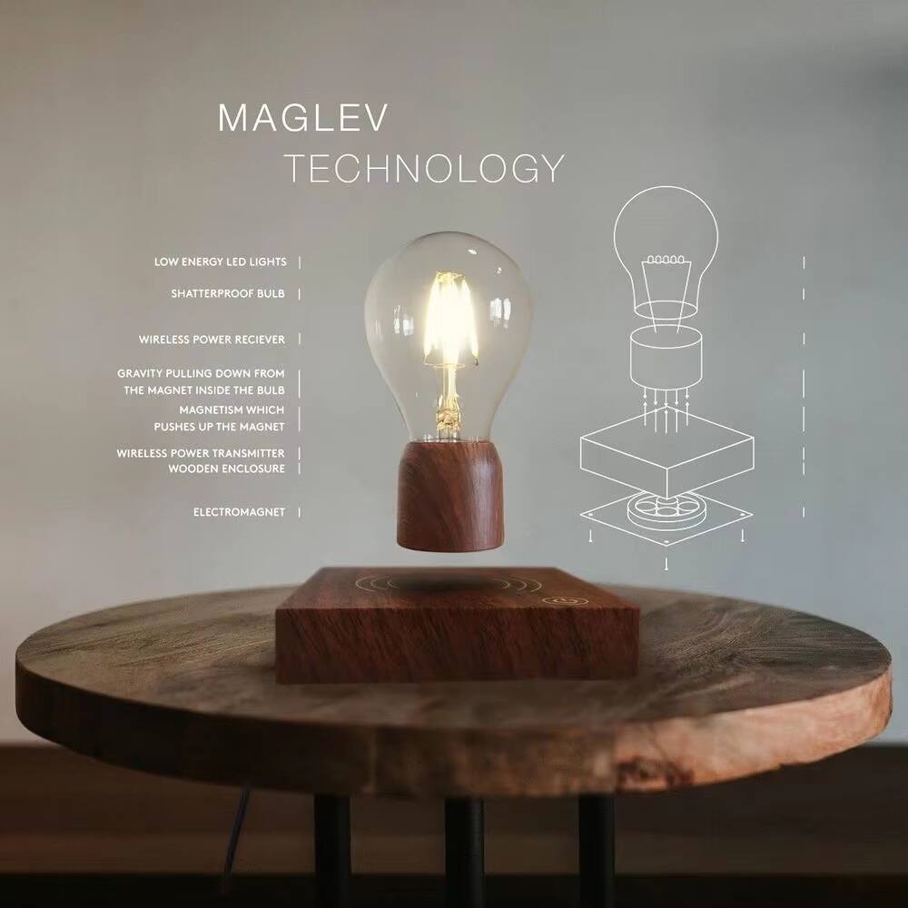 MAGLEV TECHNOLOGY

- LOW ENERGY LED LIGHTS
- SHATTERPROOF BULB
- WIRELESS POWER RECEIVER
- GRAVITY PULLING DOWN FROM THE MAGNET INSIDE THE BULB
- MAGNETISM WHICH PUSHES UP THE MAGNET
- WIRELESS POWER TRANSMITTER
- WOODEN ENCLOSURE
- ELECTROMAGNET