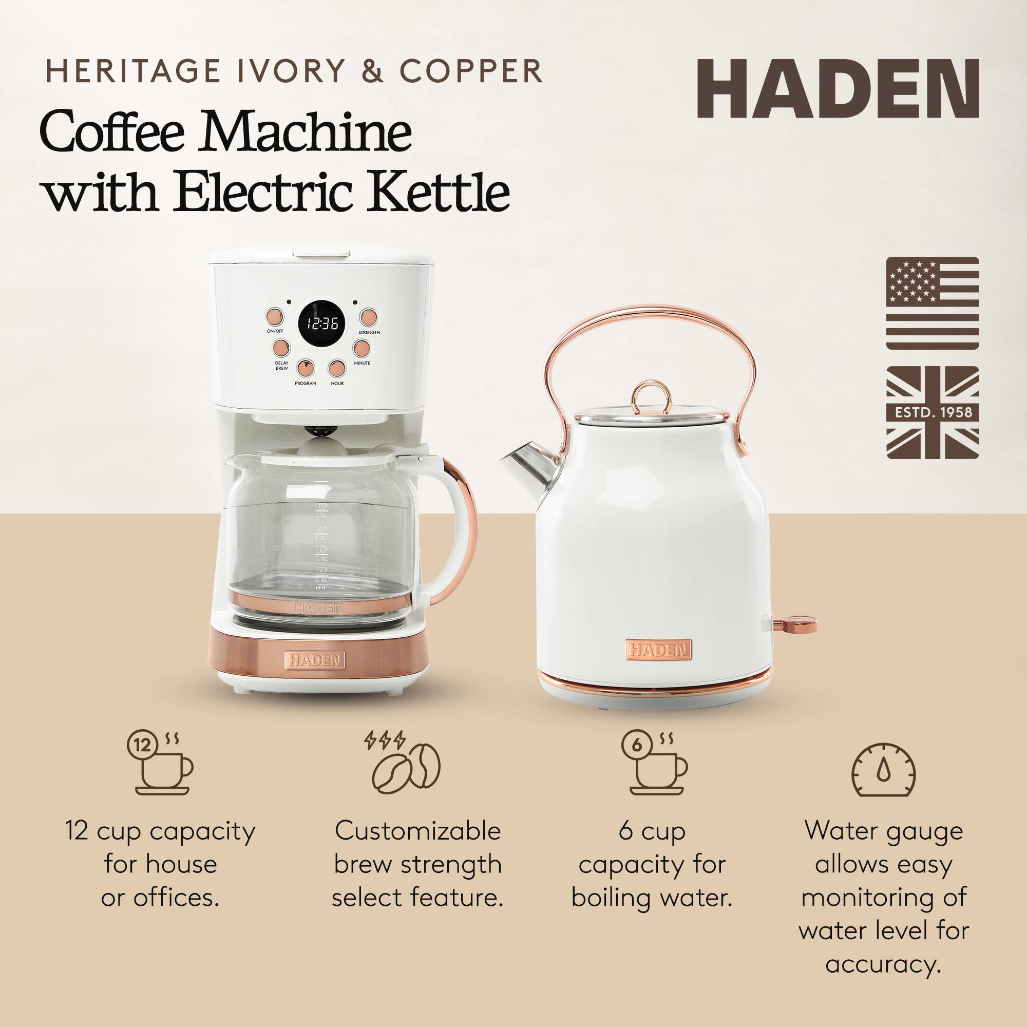 HERITAGE IVORY & COPPER Coffee Machine with Electric Kettle  
HADEN - 236 - I I - e - ESTD. 1958  

12 cup capacity for house or offices.  
Customizable brew strength select feature.  
6 cup capacity for boiling water.  
Water gauge allows easy monitoring of water level for accuracy.