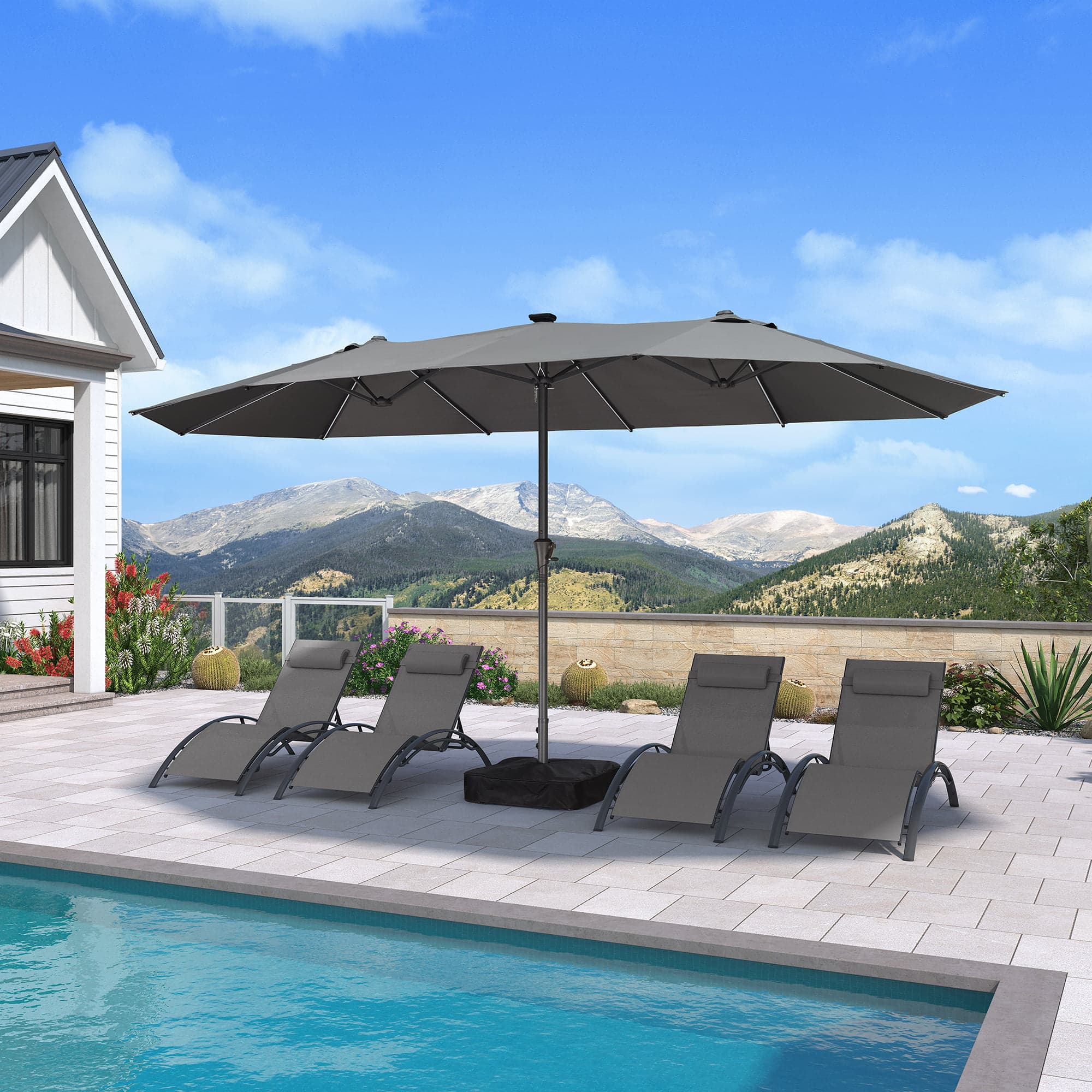 Front. PURPLE LEAF - 14 ft. Patio Market Umbrella with Solar LED and Base Double-Sided Outdoor Table Sun Umbrellas for Pool Deck Backyard - Light Gray.