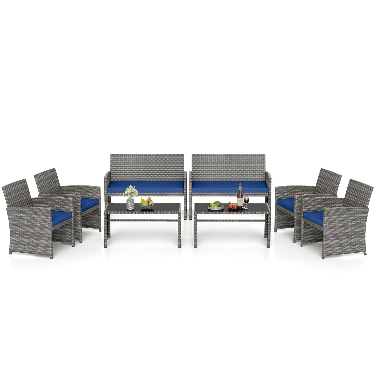 Gymax - 8 Piece Patio Furniture Set Outdoor Wicker Conversation Set w/ Tempered Glass Coffee Table Navy - Blue