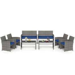 Gymax - 8 Piece Patio Furniture Set Outdoor Wicker Conversation Set w/ Tempered Glass Coffee Table Navy - Blue
