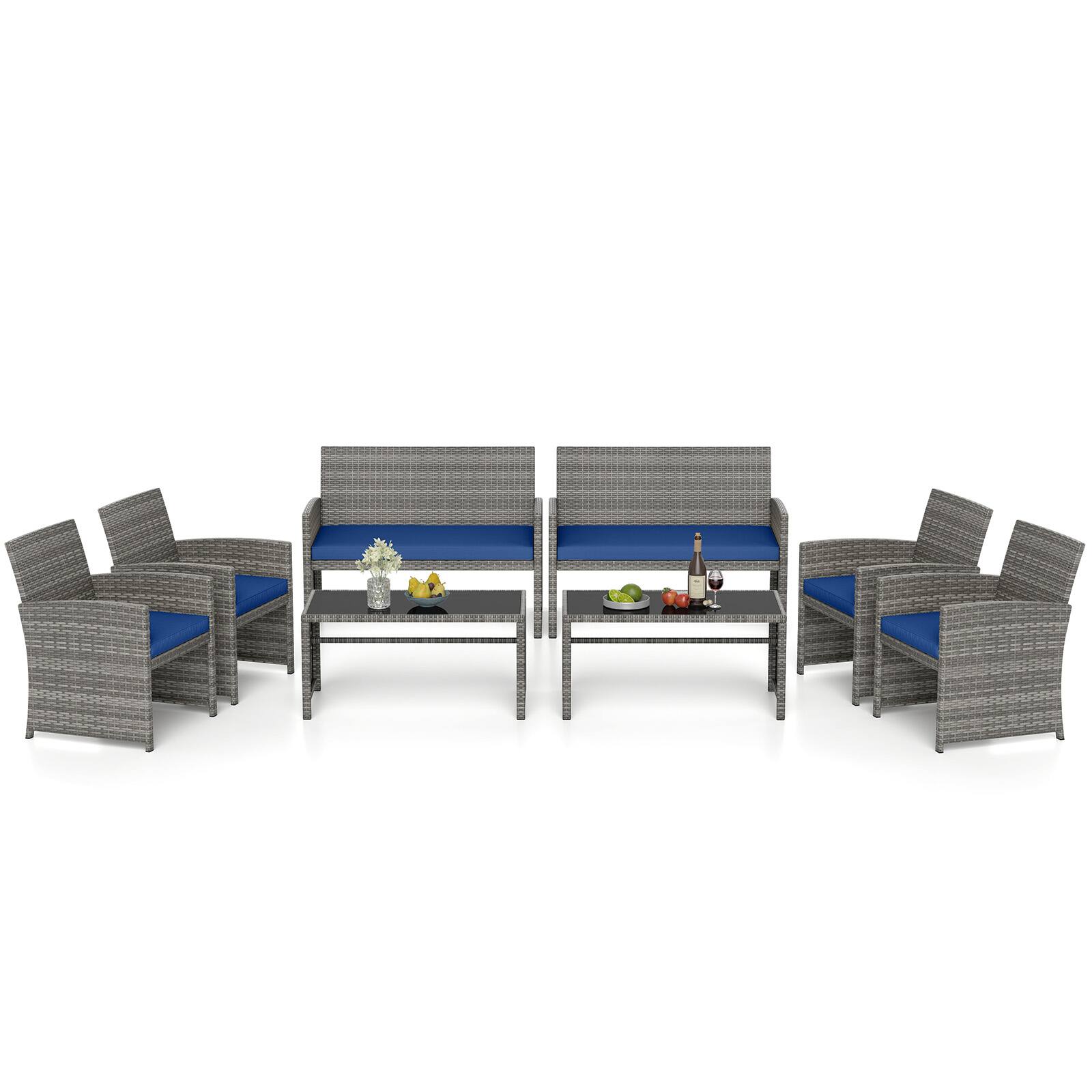 Front. Gymax - Gymax 8 Piece Patio Furniture Set Outdoor Wicker Conversation Set w/ Tempered Glass Coffee Table Navy - Blue.