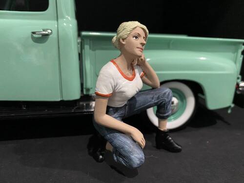 Angle. American Diorama - Car Girl in Tee Michelle Figurine for 1/24 Scale Models by American Diorama - Multi.
