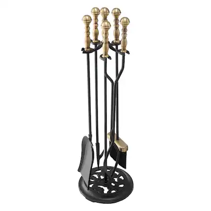 Front. VEVOR - Fireplace Tool Set, 5 PCS Fire Tool Set and Holder with Five-Prong Stand, Tongs, Ash Shovel, Brush, Fire Place Poker - Black.