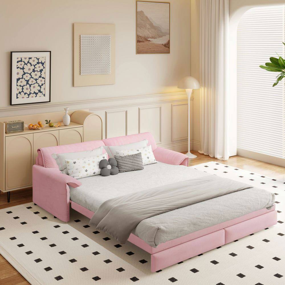 Alt View 4. Kadyn - 66" Queen Pull Out Sofa Bed, 3-in-1 Convertible Sleeper with Side Storage, Velvet Loveseat - Pink.