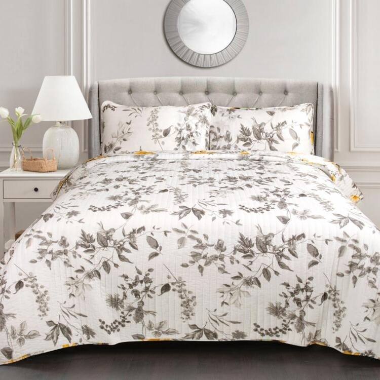 Back. Hivvago - Full/Queen 3 Piece White Yellow Grey Reversible Floral Birds Cotton Quilt Set - Grey, Yellow.