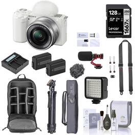Bundle - Sony - ZV-E10 Mirrorless Camera with 16-50mm Lens, White 128GB SD Card, Backpack, Extra Battery, Charger, Tripod, Strap,