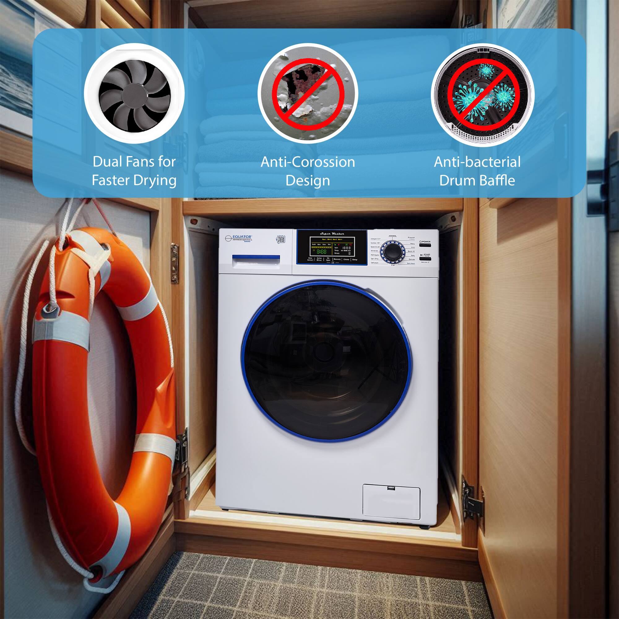 Dual Fans for Faster Drying  
Anti-Corrosion Design  
Anti-bacterial Drum Baffle