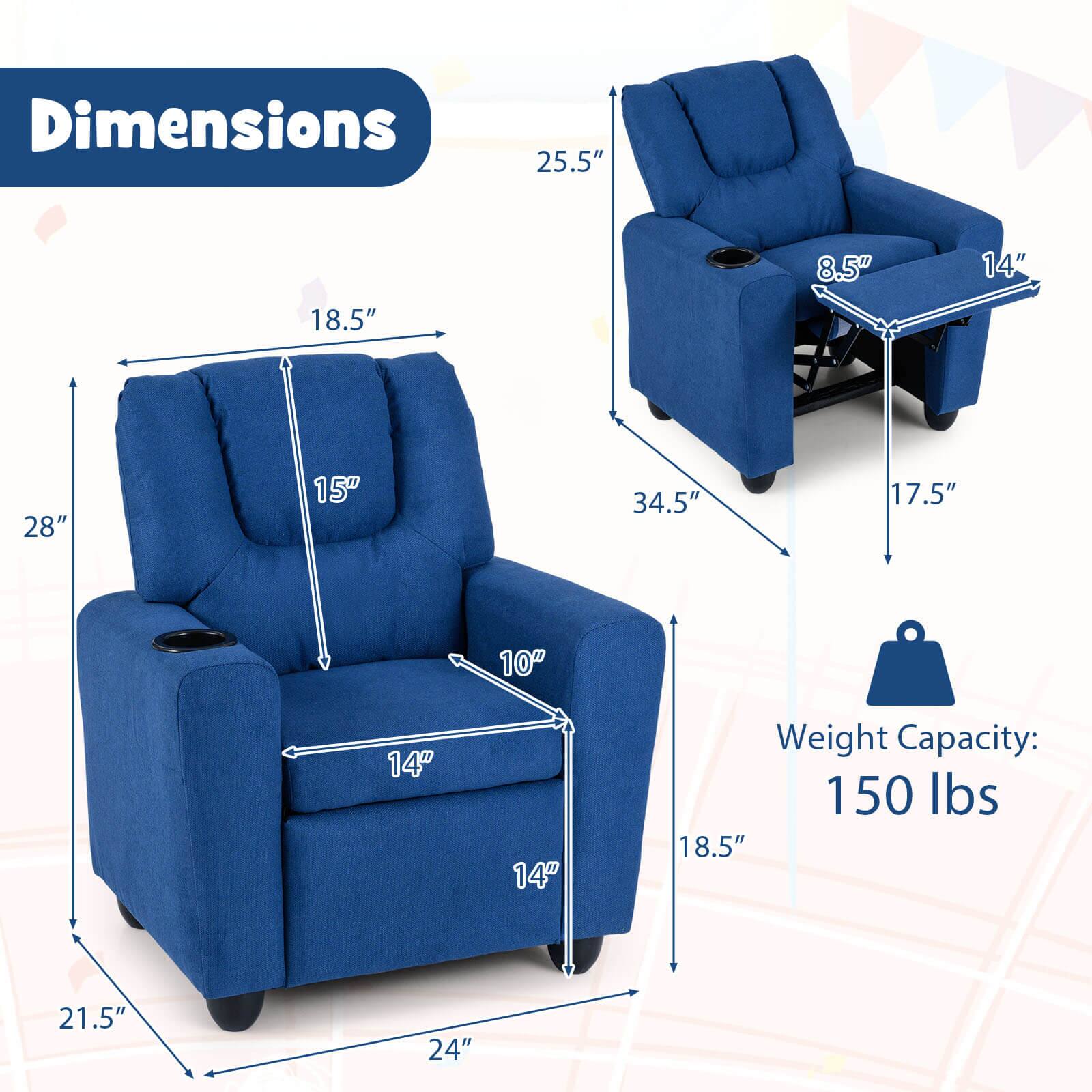 Dimensions:  
- Height: 25.5"  
- Width: 28"  
- Depth: 24"  
- Seat Height: 18.5"  
- Seat Depth: 15"  
- Armrest Height: 18.5"  
- Armrest Width: 8.5"  
- Footrest Height: 14"  
- Footrest Width: 14"  
- Overall Height: 34.5"  
- Overall Width: 21.5"  
- Overall Depth: 24"  

Weight Capacity: 150 lbs