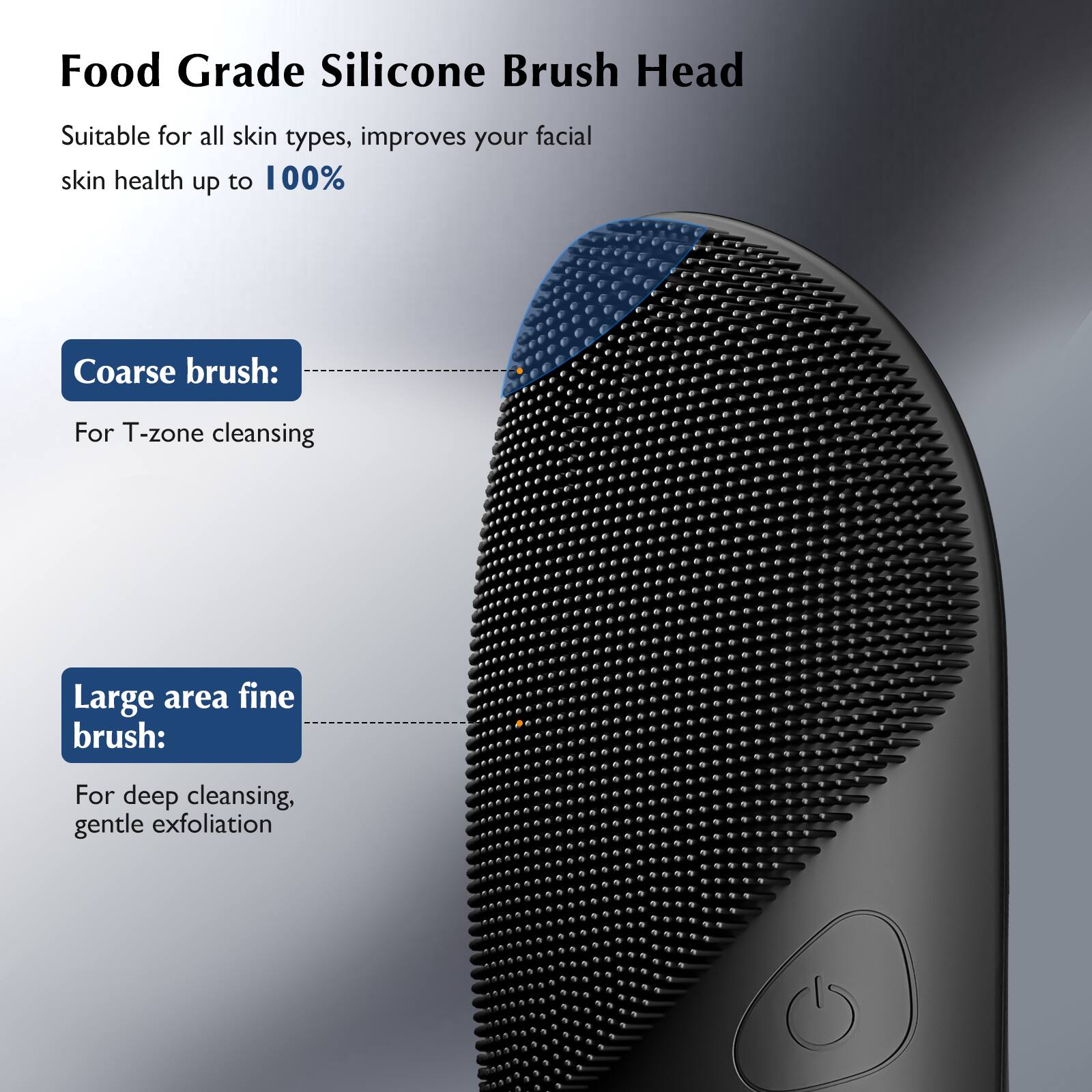 Food Grade Silicone Brush Head

Suitable for all skin types, improves your facial skin health up to 100%

Coarse brush:
For T-zone cleansing

Large area fine brush:
For deep cleansing, gentle exfoliation